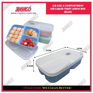 (LB-100) KOTAK MAKAN 3 KOMPARTEMEN KEDAP UDARA DAN CAIRAN (BIRU)